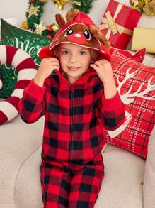 SHEIN Conjunto de pijama de Navidad para niñas, ropa de dormir a juego para fiesta navideña familiar, mono con estampado a cuadros, tela suave y cálida, decoraciones navideñas de otoño e invierno - Rojo - Ver 6
