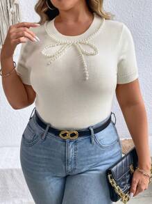 SHEIN CURVE+ Áo len dệt kim tay ngắn đính đinh tán thường ngày cỡ lớn cho mùa xuân và mùa thu - trắng - Xem 4