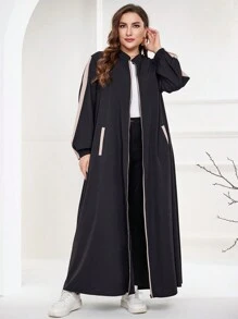 Al Najma Plus Size Contrast Color Patchwork Arabian Abaya,Black Summer Jamican Modest Vacation Long Sleeve Sporty Sweatshirt Style Front Zipper Closed Robe - Black - View 4
