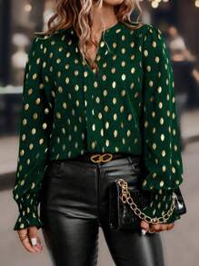 Plus Size damska wiosna i lato złota kropka nadruk dekolt w serek długa elegancka bluzka - Ciemnozielony - Zobacz 5