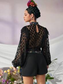 VERO DIAZ Frida Kahlo X SHEIN X Designer Floral Bow Tie Print Cuff Lace Stand Collar Blouse, Holiday, Thanksgiving, Spring & Summer, Festival - Multicolor - View 2