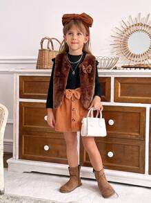 SHEIN Bộ 3 áo len tay nhún màu đen cho bé gái, váy nhung kẻ hình bướm và áo len cardigan mềm mại mặc đi làm thường ngày - màu đen - Xem 3