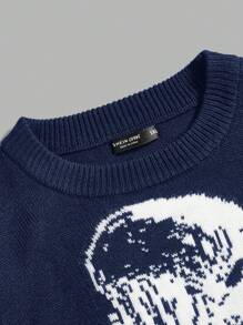 SHEIN EZwear Áo thun cổ tròn tay dài in hình đầu lâu cỡ lớn thường ngày - Xanh đậm - Xem 4