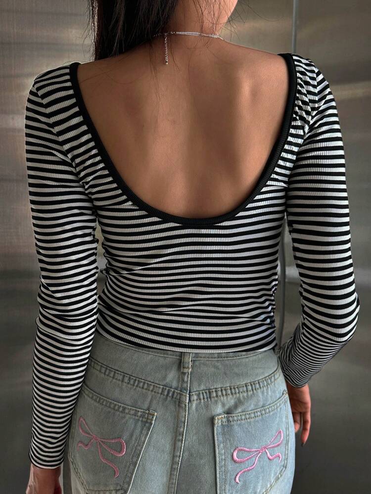 Camiseta casual de manga larga con cuello redondo y rayas para mujer, primavera y verano. Top halter con forro térmico