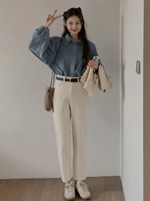 DAZY 女士翻领长袖宽松牛仔衬衫、秋装、牛仔夹克 - 藍色 - 查看 7