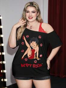 Betty Boop | ROMWE Camiseta casual de manga asimétrica con estampado de personaje de dibujos animados y letras, contraste de encaje, talla grande, verano, camiseta gráfica