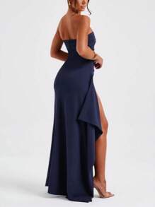 1pc Fashionable Sexy Women Tube Ruched Side Split Hem Dress - Navy Blue - View 4