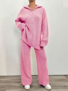 2 pièces Ensemble décontracté femme, pull ample à manches longues col zippé et épaule tombante de couleur unie et pantalon tricoté, automne hiver