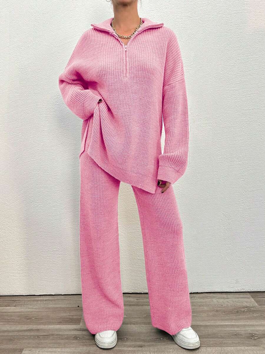 2 pièces Ensemble décontracté femme, pull ample à manches longues col zippé et épaule tombante de couleur unie et pantalon tricoté, automne hiver