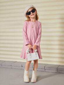 SHEIN 年轻女孩加垫纹理提花针织连衣裙，适合秋冬季节休闲日常穿着 - 粉色 - 查看 3