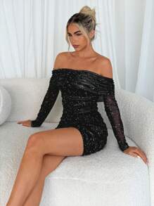 Firerie Women's Off-Shoulder Long Sleeve Ruched Fitted Black Elegant Dress, Fall And Winter Style. Fall Dresses. Perfect For Homecoming.  Black Long Sleeve Dress. Party Women Dresses. Wedding Guest Dress. Birthday Ladies Outfit. Christmas. Prom.  Sequin Dress.   Black Homecoming Dress. - Black - View 1