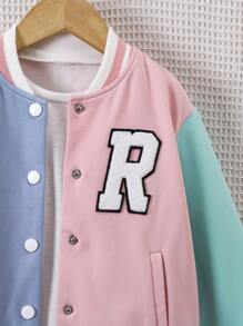 SHEIN Chaqueta de punto informal con parches de letras de bloques de color para niña joven