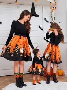 SHEIN Essnce Women's V-Neck Waist-Tie Shell-Trim Halloween Print Long Sleeve Mini Dress  Autumn Cute Cartoon Print Patchwork Waist Long Sleeve Dress For Halloween,Black
