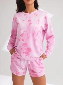 SHEIN 女士扎染印花圆领落肩运动衫和宽松短裤休闲运动套装，服装套装，春秋季 - 粉色 - 查看 3