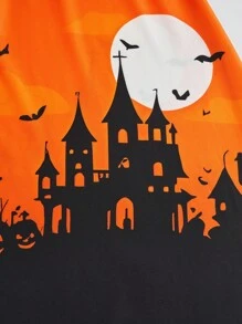 SHEIN LUNE Halloween Plus Size Women's Summer Castle Print Tie Back 3/4 Sleeve Maxi Elegant Dress