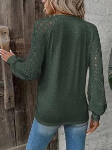 SHEIN Clasi Women's Solid Color Contrast Lace Raglan Sleeve Casual Top, Spring And Summer - Dark Green - View 2