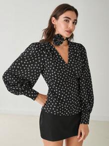 Enchnt 女式 V 领花卉印花泡泡袖优雅衬衫，适合春夏季 - 黑色 - 查看 6