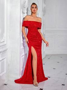 ADYCE Women's Shiny Off Shoulder Pleated Front Slit Party Dress - Red - View 4