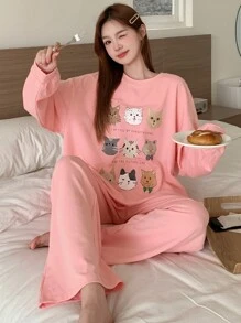 DAZY 可爱卡通印花连帽衫套装，可爱睡衣套装 - 粉色 - 查看 6
