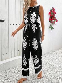 SHEIN VCAY Bộ đồ liền thân ống đứng không tay cổ tròn in họa tiết thường ngày cho nữ - màu đen - Xem 6
