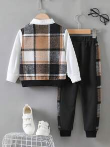 SHEIN 2 件套年轻男孩休闲格子拼布长袖上衣和裤子套装，春秋季 - 彩色 - 查看 2