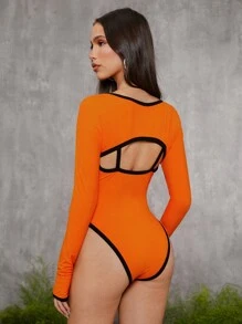 evoluSHEIN X Anitta VICTOR VON SCHWARZ Designer Contrasted Binding Cut-Outs Thumb Hole Long Sleeve Bodysuit, Holiday, Thanksgiving, Spring & Summer, Festival