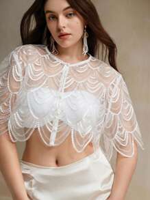 Anewsta 大码复古法式优雅亮片披肩，薄款短上衣 - 白色 - 查看 4