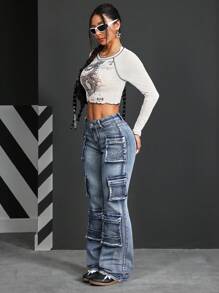 SHEIN PETITE 女式前扣简约多口袋休闲牛仔裤 - 藍色 - 查看 7