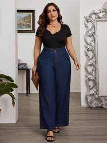 SHEIN LUNE 高腰寬腿牛仔褲，適用於日常穿著 - 深色水洗藍 - 查看 1