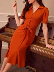 Vintamour Vintage Elegant Women Dress V-Neck Collar Short Sleeve Button Bow Tie Waist Mermaid Bodycon Dress, Casual & Office Wear Fall Wedding Guest Dress Homecoming Dresses Brunch Women Outfit Midi Women Dresses Women Clothing Fall Women Dresses Concert Women Outfit Thanksgiving Dress Business Women Clothes Burnt Orange Dress Fall Women Clothes Dress Fall Women Outfits Fall Women Clothes Work Women Dresses Christmas - Brown - View 2