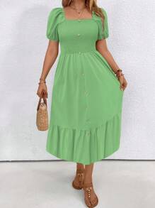 SHEIN LUNE Plus Size Women Summer Solid Color Square Neck Short Puff Sleeve Button Decor Ruffle Hem Casual Dress - Green - View 1