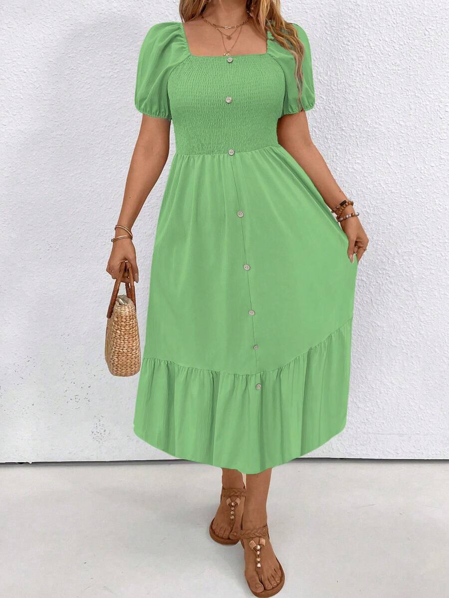 SHEIN LUNE Plus Size Women Summer Solid Color Square Neck Short Puff Sleeve Button Decor Ruffle Hem Casual Dress - Green - View 1