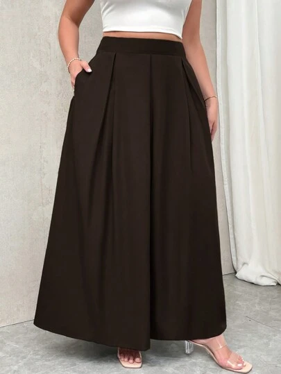 Firerie Plus Size Women's High Waisted Long Pleated A-Line Skirt With Pockets, Elastic Waist, Gray Spring To Summer