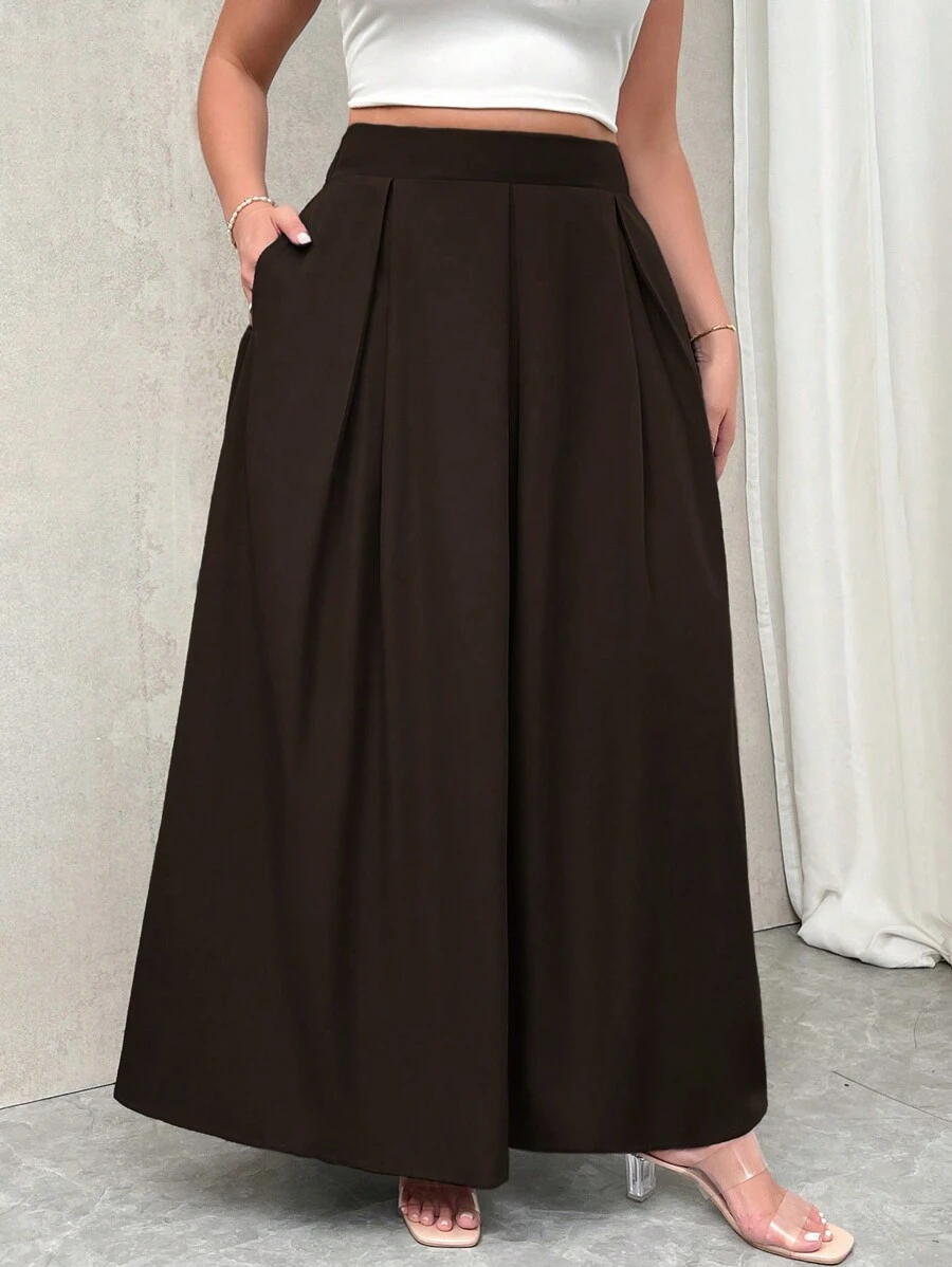 Firerie 大码女式高腰长款褶皱 A 字裙，带口袋，松紧腰，灰色 - 巧克力棕 - 查看 1