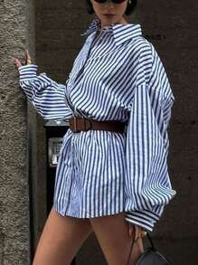 INAWLY 女式休闲条纹落肩宽松衬衫（配腰带），春/秋 - 藍色 - 查看 3