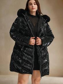 Anewsta Women Plus Size Mid-Long Hooded Detachable Faux Rabbit Fur Waist Padded Coat, For Winter - Black - View 3
