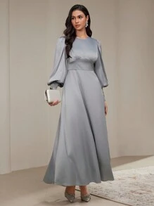 Modelyn Đầm Maxi Tay Dài Cổ Tròn Thanh Lịch Màu Trơn Cho Nữ Dự Tiệc Sang Trọng Đầm Maxi Tay Dài Dự Tiệc Sang Trọng - Màu xanh lam - Xem 8