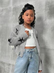 SHEIN Tween Girls' Oversized Star Print Knitted Cropped Cardigan