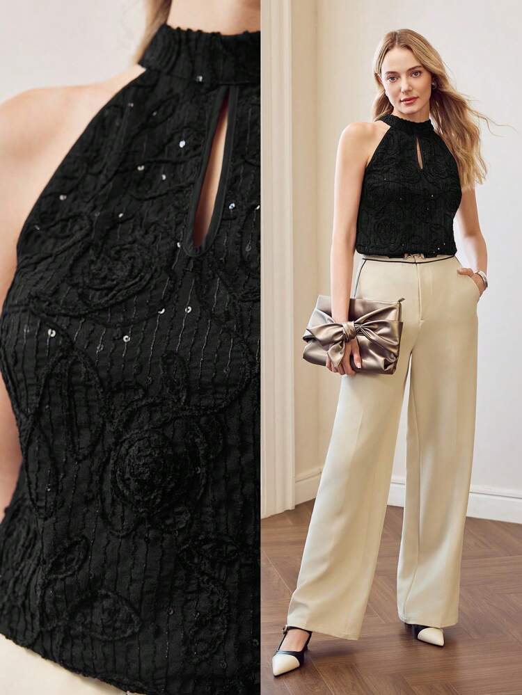 KEYHOLE NECK EMBROIDERY FLORAL PATTERN CONTRAST SEQUIN SLEEVELESS BLOUSE