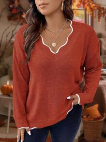 Calvaya Plus Contrast Binding Drop Shoulder Scallop Trim Sweater, For Winter Knit Pullover Fall Sweater - Redwood - View 4