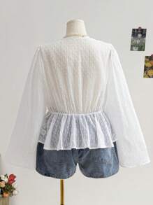 Soleia Áo sơ mi babydoll dài tay họa tiết chấm bi trắng, quần áo dự tiệc tốt nghiệp trở lại trường, trang phục mùa thu - trắng - Xem 2