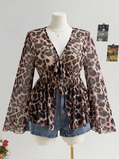 Soleia Plus Size Women Fall Vacation Graduation Season Back To School Season Back To School Fall Vacation Babydoll Top Halloween Christmas Glitter Homecoming, Wedding, Concert, Game Day Leopard Print Casual Front Lace-Up Long-Sleeved Top