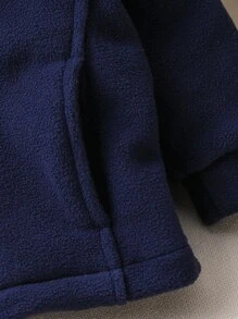 1 pièce Veste à col montant et zip pour bébé garçon en polaire, avec lettres et poches, porter décontracté pour l'extérieur, chaud pour l'automne/l'hiver - Bleu marine - Voir 6