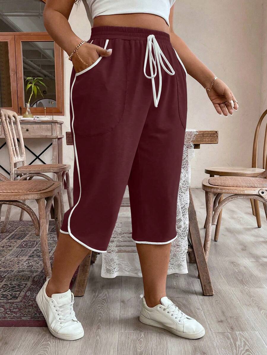 SHEIN LUNE Quần nỉ Capri thường ngày thắt eo viền túi cỡ lớn cho nữ - Màu Đỏ Sâu - Xem 1