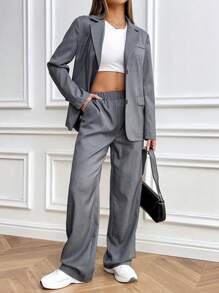 EMERY ROSE Conjunto de traje casual de oficina con blazer de manga larga y pantalones de unicolor, cuello con entalladura, para mujer, primavera y otoño - Gris Oscuro - Ver 4