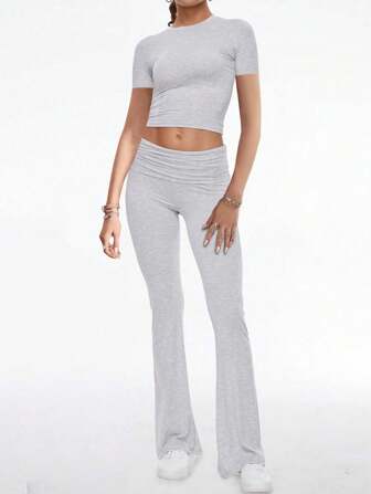 2pcs/Set Sports Casual Fitted Cropped Pullover Top And Flare Leg Pants
