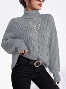 RueChic 麻花編織高領套頭毛衣 - 灰色 - 查看 3