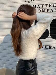 DAZY 女士蓬松高领保暖套头衫、长袖上衣、秋季女装 - 白色 - 查看 2