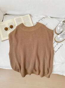 SHEIN Tween Girls Loose Fit Solid Color V-Neck Mid-Length Knit Sweater Vest,In Fall/Winter - Khaki - View 5