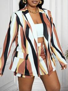 Slaydiva Commuting & Casual Plus Size Women's Printed Multicolor Suit Jacket And Casual Shorts Two-Piece Set - Multicolor - View 4